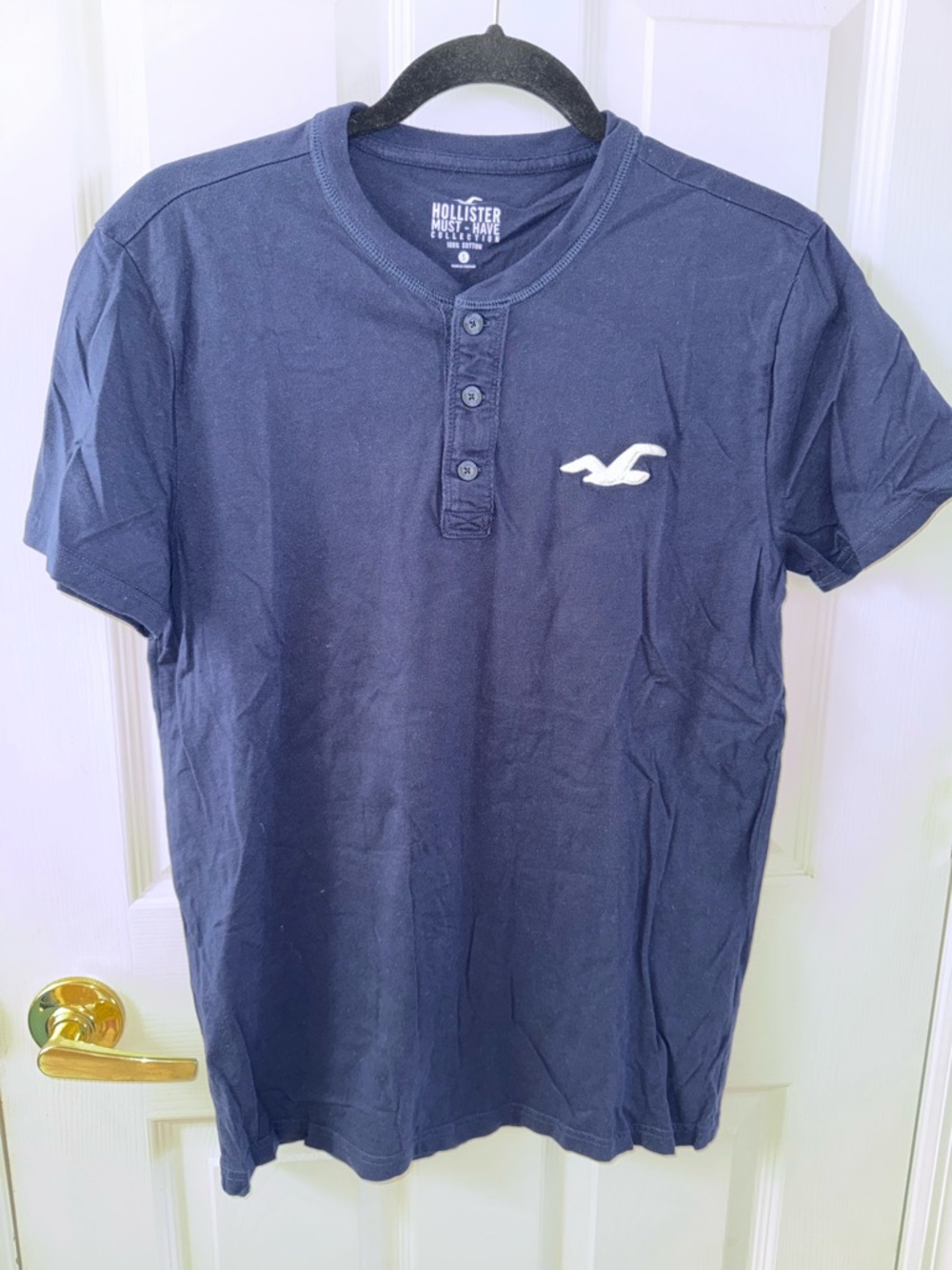 Hollister Navy Short-Sleeve Henley with White Logo